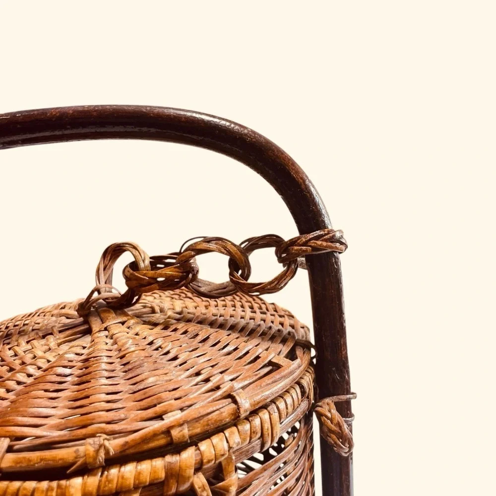 VTG Rattan Chinoiserie 3 Tier Basket with Handle | Rustic Wedding Sewing Basket
